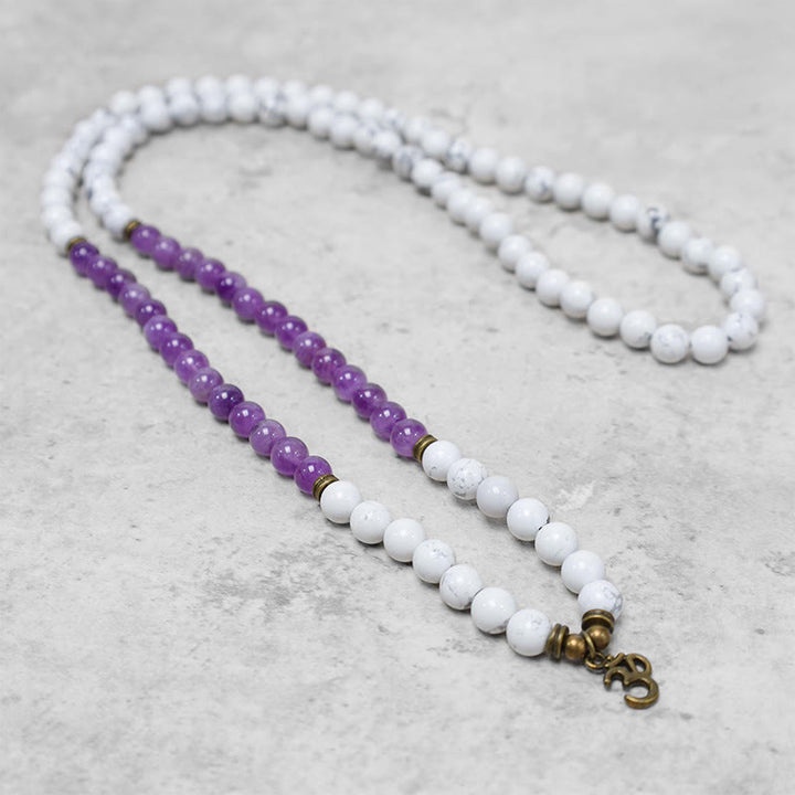 108 cuentas Mala amatista turquesa blanca OM pulsera de energía de meditación curativa