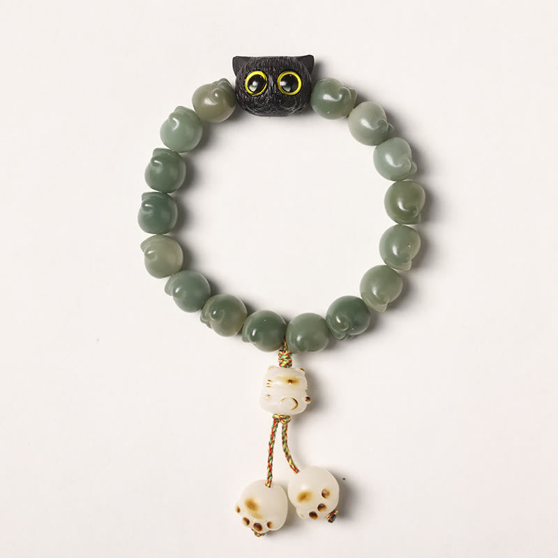 Pulsera de sabiduría de gato de la suerte, madera de ébano, semilla Bodhi Natural, Buddha Stones - Semilla de Bodhi verde - Versión con borlas (circunferencia de muñeca 14-15 cm) - image 15