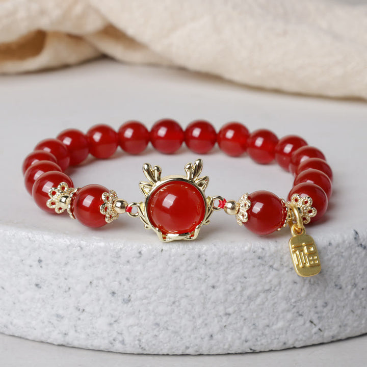 Buddha Stones Año del Dragón Ágata Roja Jade Hebilla de la Paz Pulsera de Éxito del Personaje Fu