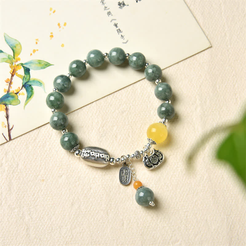 Pulsera de éxito de ámbar, jade cian y plata de ley 925