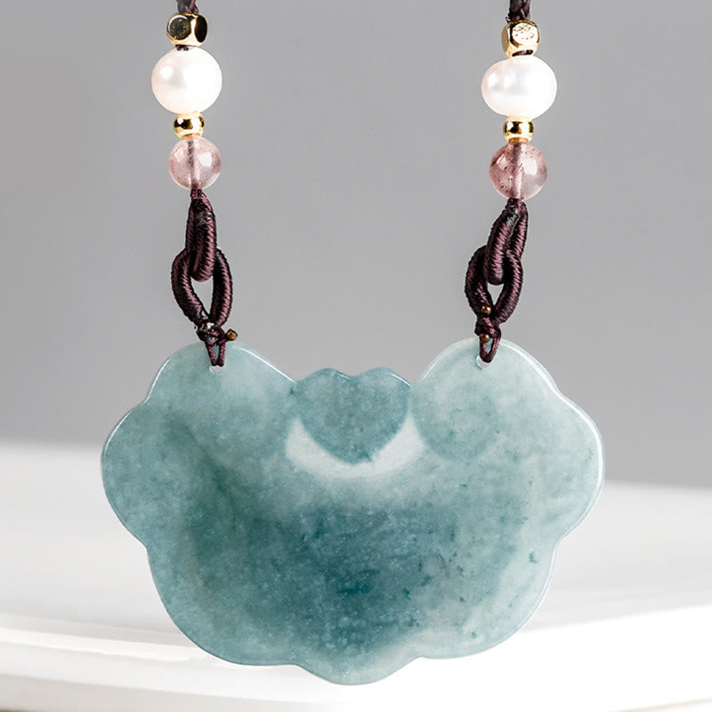 Buddha Stones Natural Jade Peonía Flor Candado de Buenos Deseos Prosperidad Collar Colgante