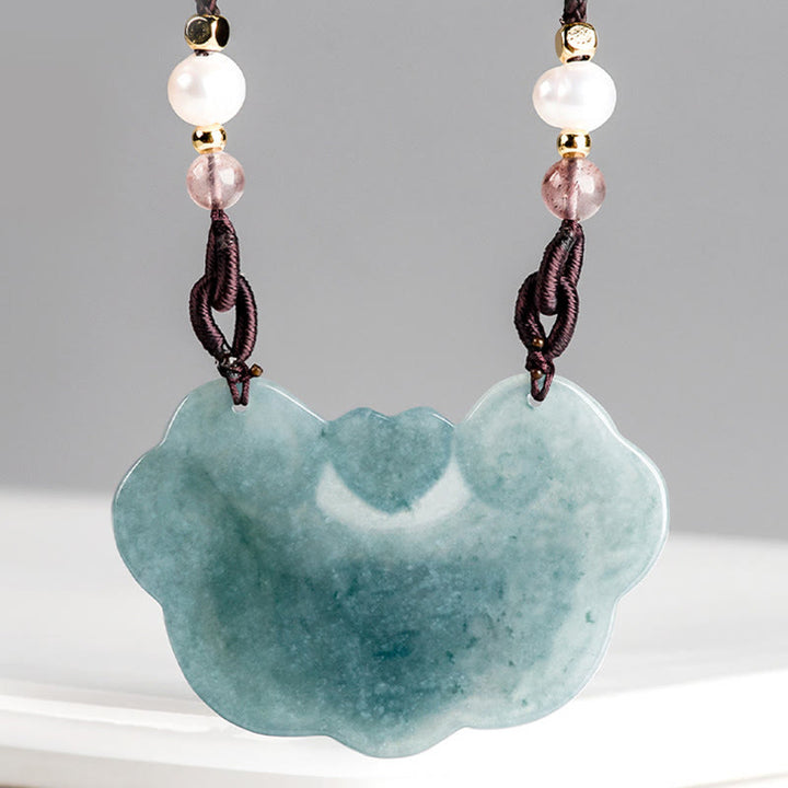 Buddha Stones Natural Jade Peonía Flor Candado de Buenos Deseos Prosperidad Collar Colgante
