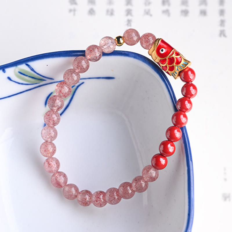 Pulsera curativa de peces Koi de la suerte, cinabrio, cuarzo fresa Natural, Buddha Stones
