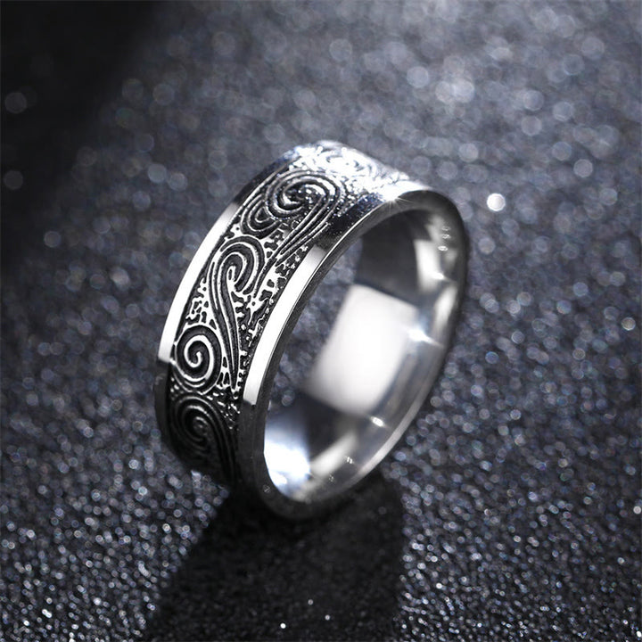 Anillo de equilibrio de acero de titanio con patrón grabado de nubes auspiciosas de onda vintage - US14 - image 0