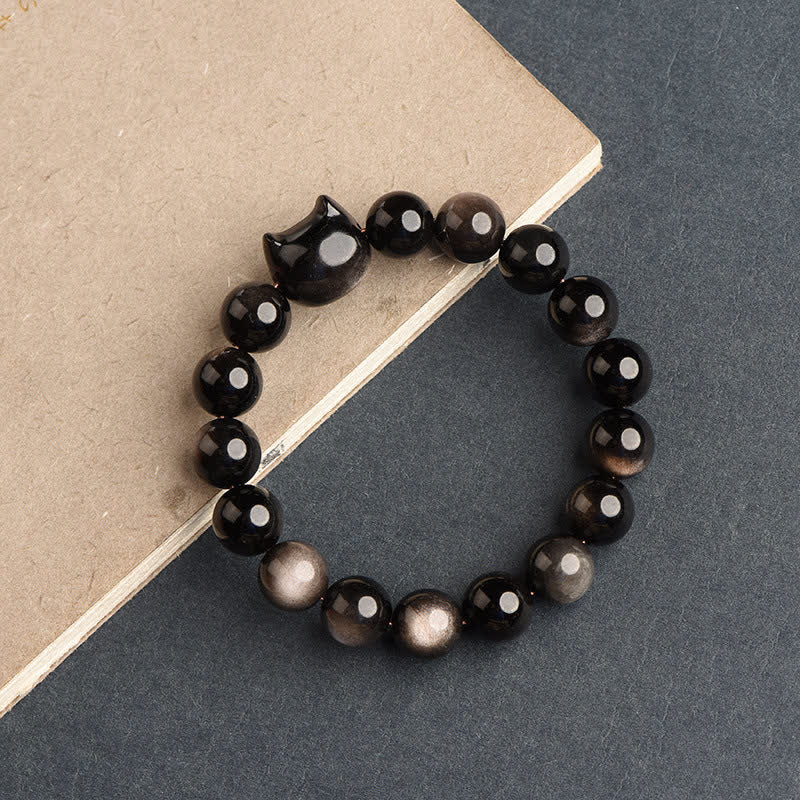 Buddha Stones Obsidiana con brillo dorado Obsidiana con brillo plateado Pata encantadora Pulsera de protección del gato de la suerte - image 29