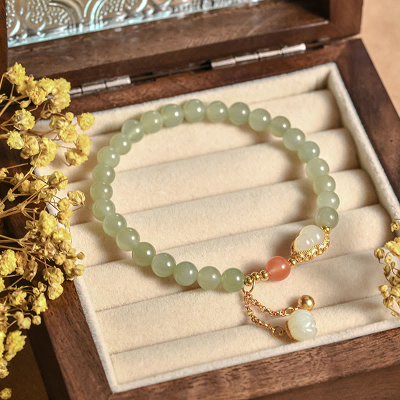 Pulsera de la suerte de la abundancia del loto de la calabaza del jade hetiano de plata de ley 925 - Jade Hetian (Prosperidad♥Abundancia) - image 0