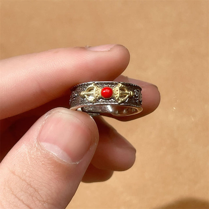 Anillo de sabiduría con diseño de Dorje Vajra de ágata roja tibetana Om Mani Padme Hum con Buddha Stones