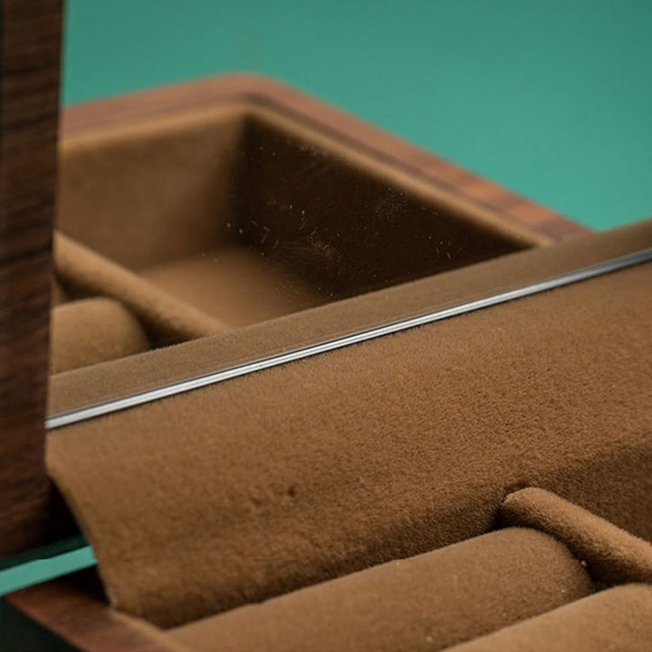 Caja de almacenamiento de joyería vintage hecha a mano de madera de nogal negro con espejo