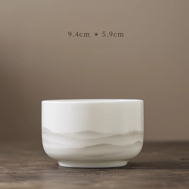 Buddha Stones Pintura De Tinta Vintage Montaña Porcelana Blanca Cerámica Gaiwan Sancai Taza De Té Kung Fu Taza De Té Y Platillo Con Tapa Utensilio De Té Tetera