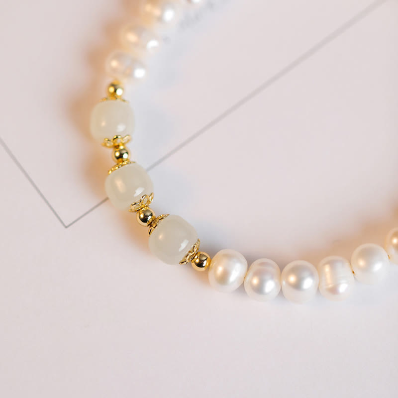 Pulsera de cadena de cuentas de sinceridad de jade blanco de jade cian hetiano con perlas naturales chapadas en oro de 14 quilates