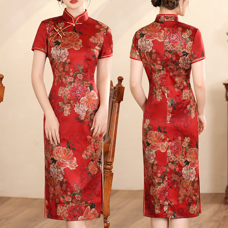 Vestido Cheongsam para mujer con estampado de plumas de peonía y flor de loto Retro con Buddha Stones - Peonía roja - US16, UK/AU20, EU48 (5XL) - image 16