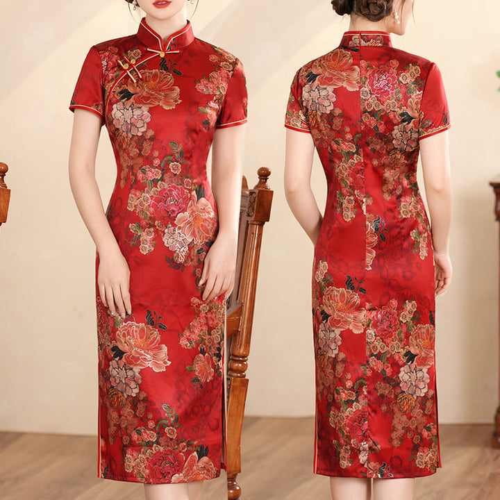 Vestido Cheongsam para mujer con estampado de plumas de peonía y flor de loto Retro con Buddha Stones - Peonía roja - US16, UK/AU20, EU48 (5XL) - image 16