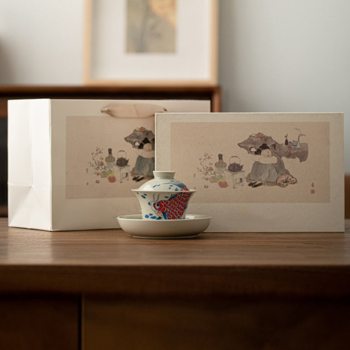 Buddha Stones Koi Arowana cerámica Gaiwan Sancai taza de té Kung Fu con tapa 130ml