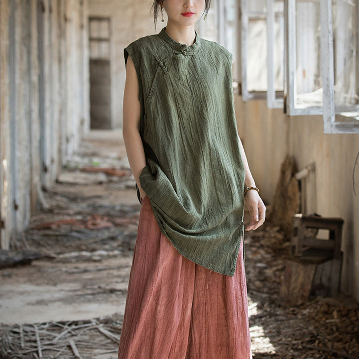 Camiseta sin mangas con botones de rana de lino y ramio teñida anudada hecha a mano con Buddha Stones