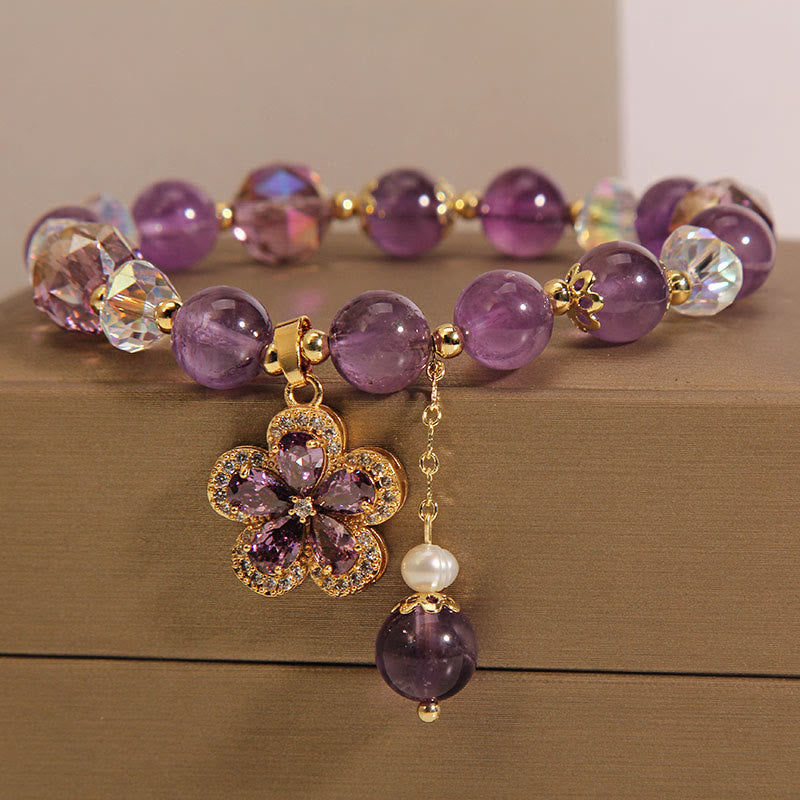 Pulsera de transformación positiva con dije de flor de perla de amatista natural