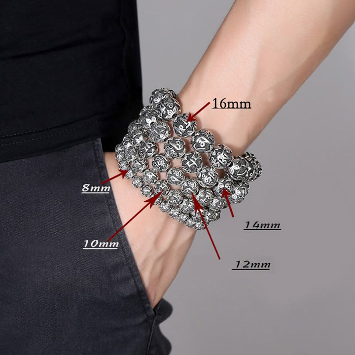 Pulsera de amuleto de cuentas de aleación tallada Om Mani Padme Hum tibetano con Buddha Stones