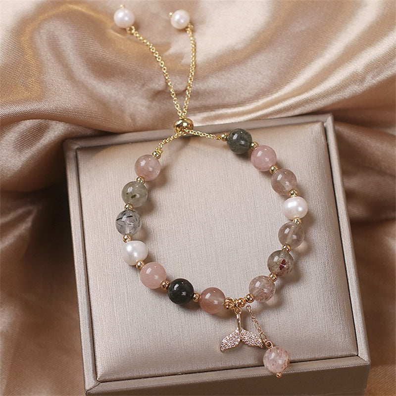 Pulsera curativa con dije de cola de pez de cuarzo rutilado de cuarzo fresa con Buddha Stones