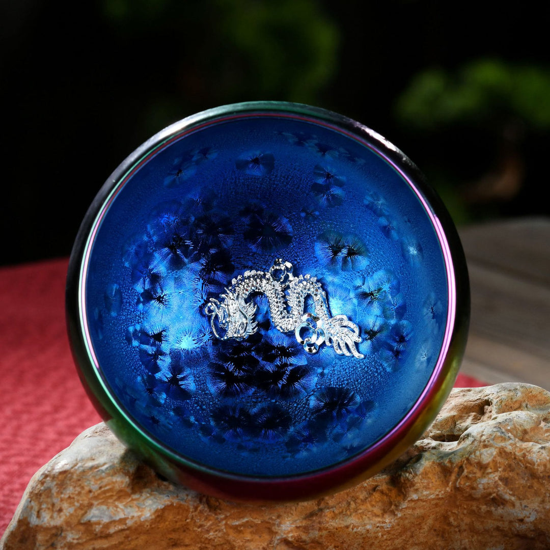 Taza de té de cerámica con incrustaciones de Jianzhan chino, con forma de Buddha Stones , loto, fénix, pez koi, pavo real, cambio de horno, taza de té de kung fu