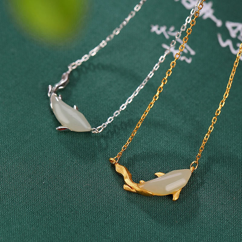 Colgante de collar de la suerte del delfín de jade blanco de plata de ley 925 con Buddha Stones - image 1