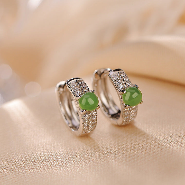 Pendientes de botón de éxito de jade cian redondos de plata de ley 925 con Buddha Stones