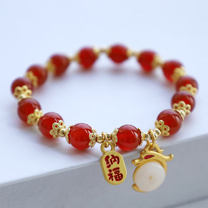 Buddha Stones Año del Dragón Ágata Roja Aventurina Verde Hebilla de la Paz Personaje Fu Pulsera de la Fortuna de la Suerte