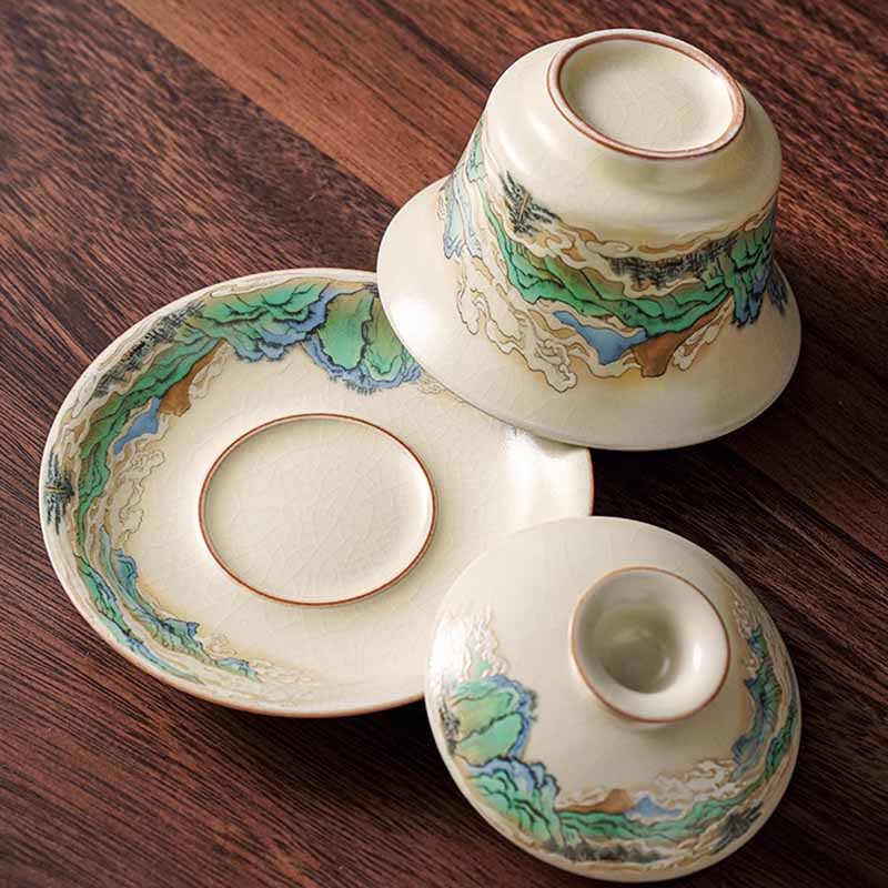 Buddha Stones, un panorama de ríos y montañas, flores, taza de té de cerámica Gaiwan Sancai, taza de té de Kung Fu y platillo con tapa