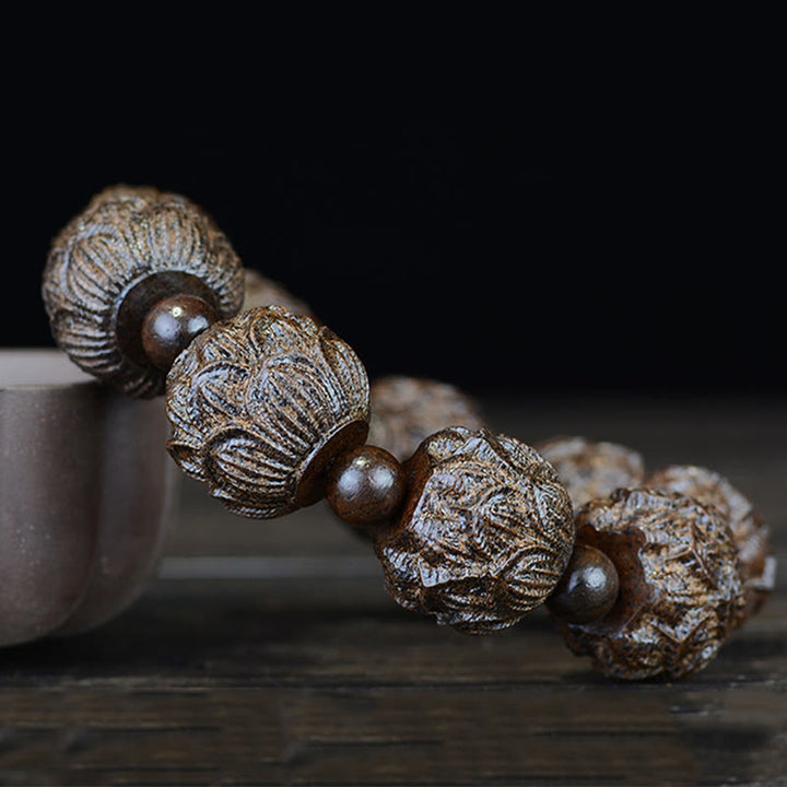 Pulsera de equilibrio grabada con dragón de loto, dieciocho arhats, madera de ébano, Buddha Stones