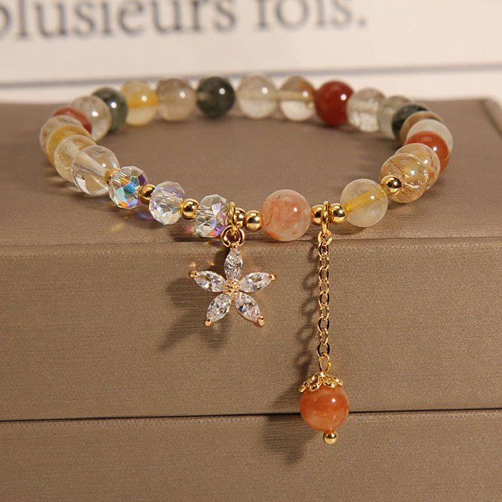 Pulsera de flores de circonio auspicioso de cuarzo rutilado multicolor con Buddha Stones