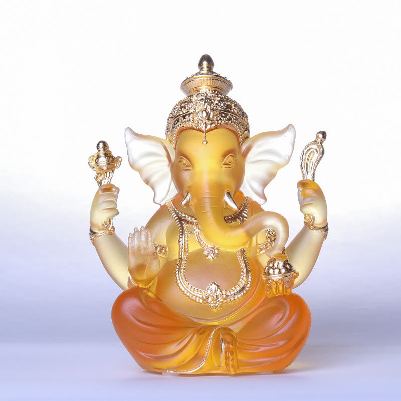 Buddha Stones hechas a mano, Ganesh Ganpati, estatuilla de elefante Liuli, pieza de arte con cristal, estatua de protección, decoración del hogar - Ganesh Ámbar y Dorado 11,5 x 9 x 14,5 cm - image 10