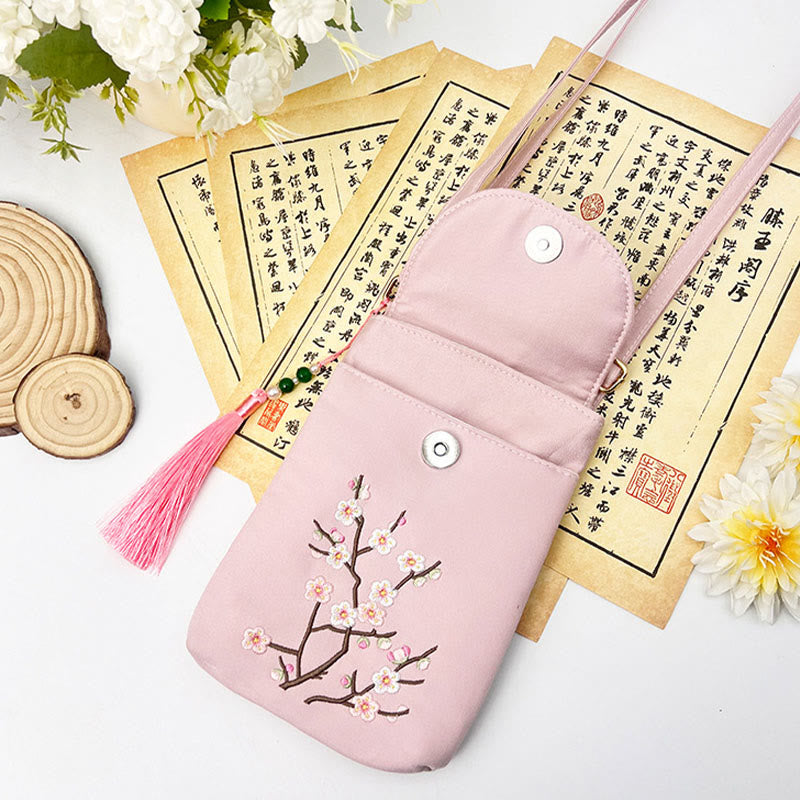 Bolso bandolera con flores bordadas pequeñas y Buddha Stones, bolso de hombro, bolso para móvil de doble capa