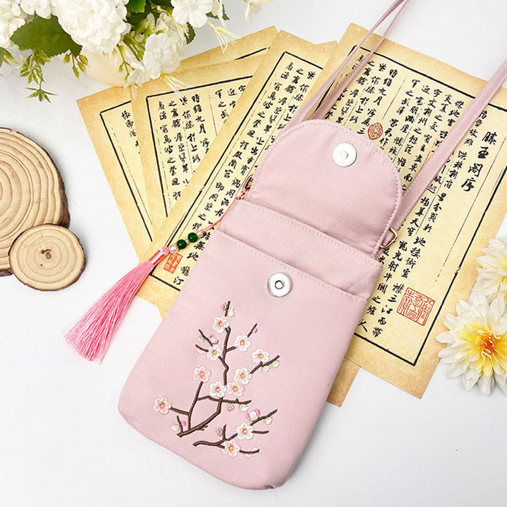 Bolso bandolera con flores bordadas pequeñas y Buddha Stones, bolso de hombro, bolso para móvil de doble capa