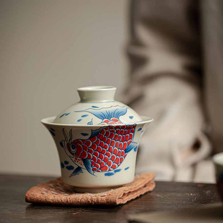 Buddha Stones Koi Arowana cerámica Gaiwan Sancai taza de té Kung Fu con tapa 130ml