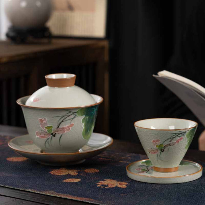 Buddha Stones, loto, pez Koi, hoja de vaina, taza de té de cerámica Gaiwan Sancai, taza de té de Kung Fu y platillo con tapa de 140ml