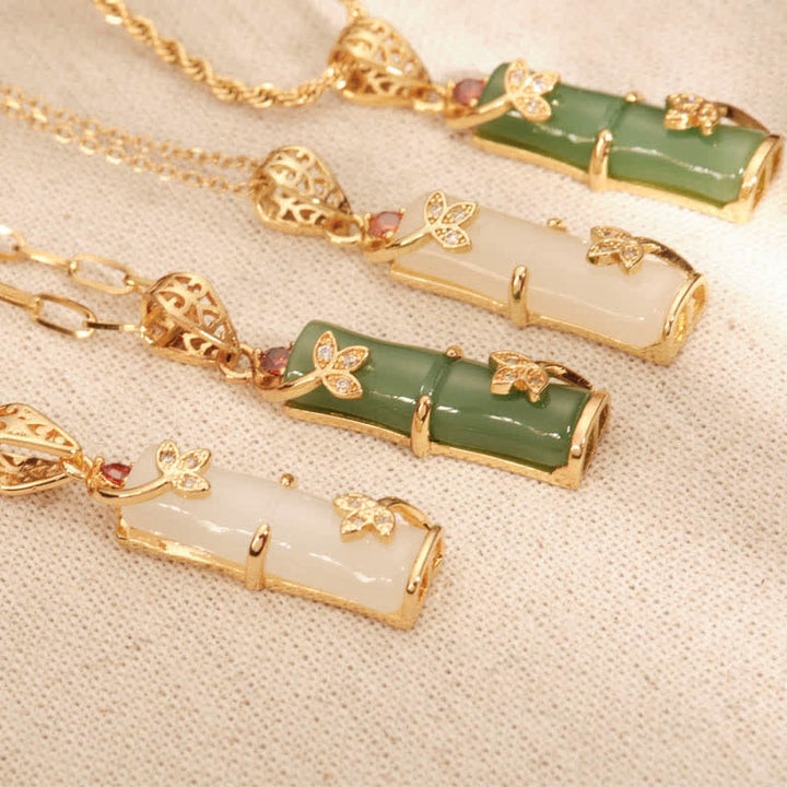 Colgante de collar de protección de la suerte de bambú con Buddha Stones, Jade blanco, cian, Jade