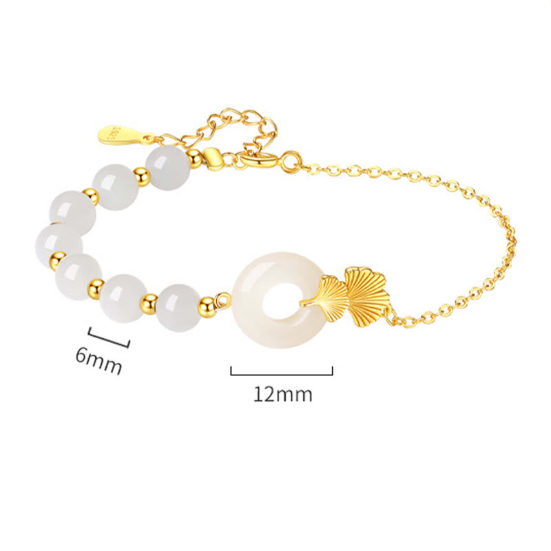 Pulsera de la suerte de hoja de ginkgo con hebilla de paz de jade blanco hetiano de plata de ley 925 con Buddha Stones