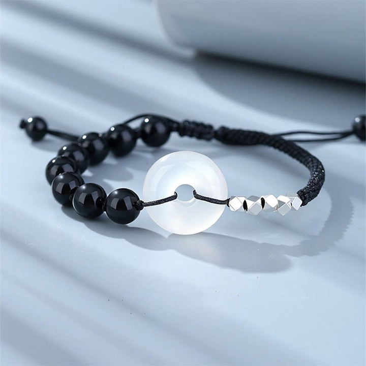 Pulsera de fuerza con hebilla de paz de ágata de obsidiana negra de plata de ley 925 con Buddha Stones