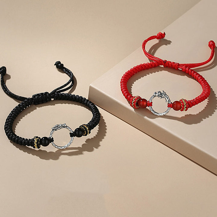 Pulsera de plata de ley 925 hecha a mano con Buddha Stones , año del dragón, Fénix, hebilla de la paz, pulsera para pareja de la suerte