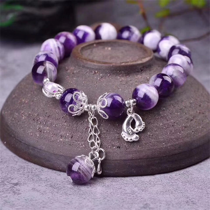 Pulsera con dije de corazón de amor para pies curativos con amatista natural de plata de ley 925 con Buddha Stones - Amatista (Conciencia Espiritual ♥Paz Interior) - image 0