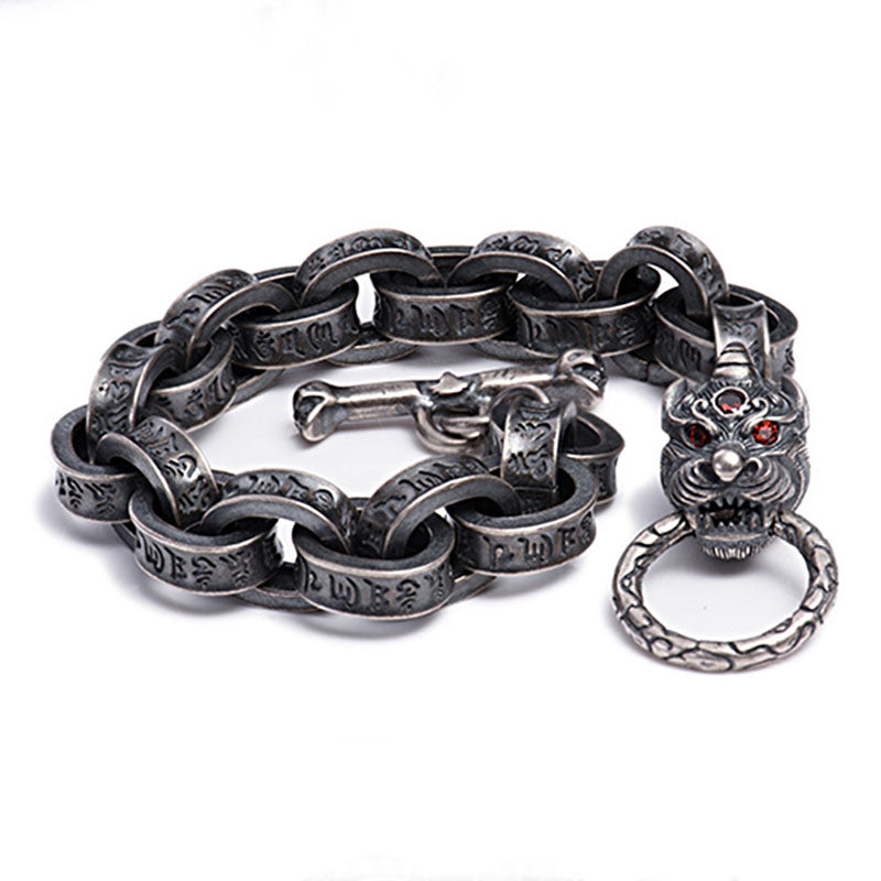 Brazalete de plata de ley 925 con diseño de dragón Kirin Om Mani Padme Hum y fuerza de éxito