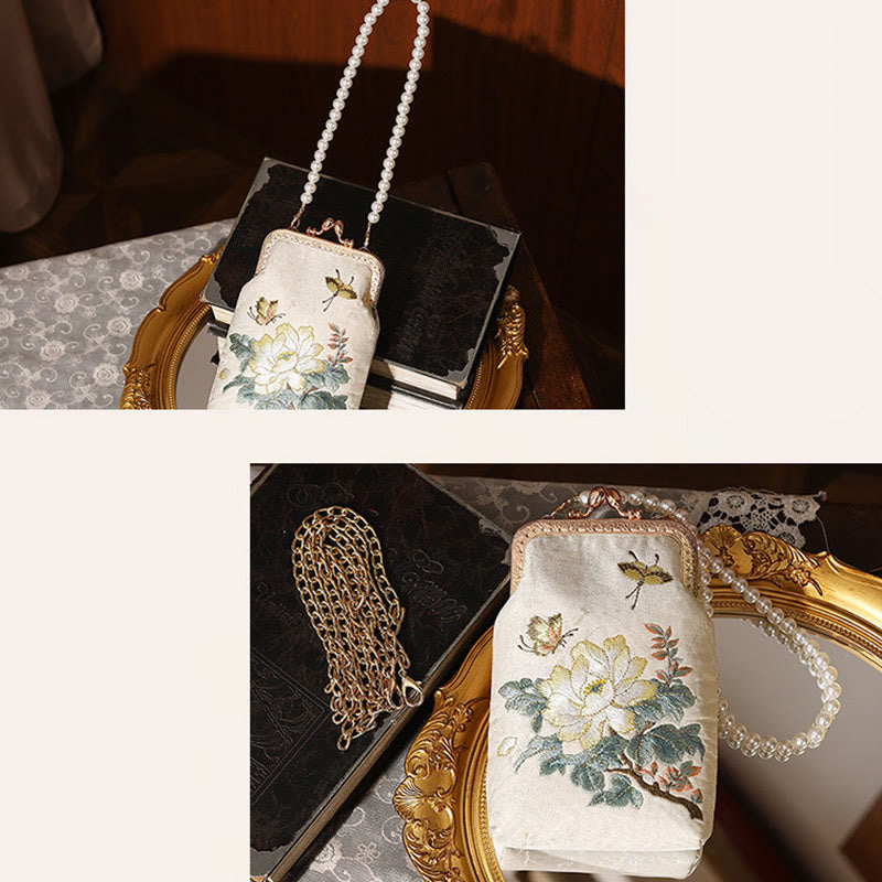 Bolso bandolera con cadena de metal y perlas bordadas con mariposas y flores pequeñas de Buddha Stones, bolso cruzado para teléfono móvil