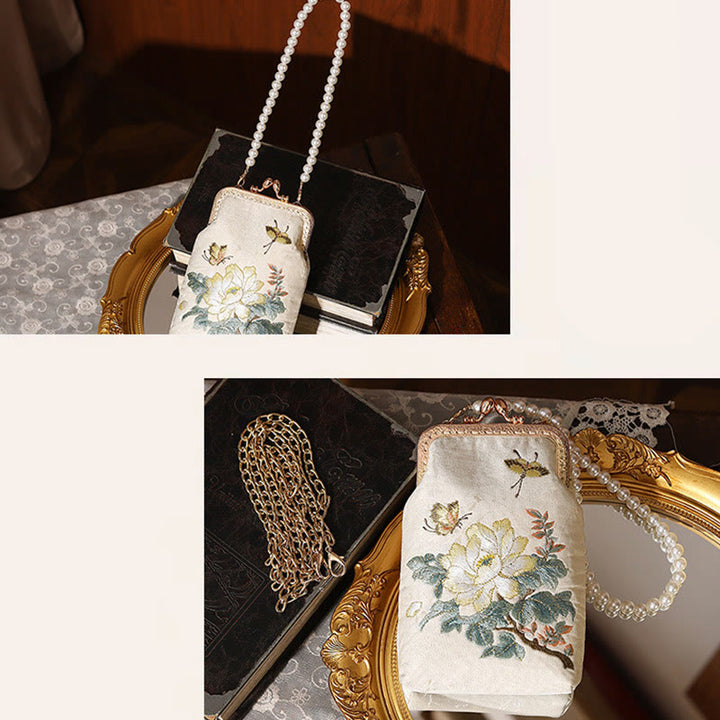 Bolso bandolera con cadena de metal y perlas bordadas con mariposas y flores pequeñas de Buddha Stones, bolso cruzado para teléfono móvil