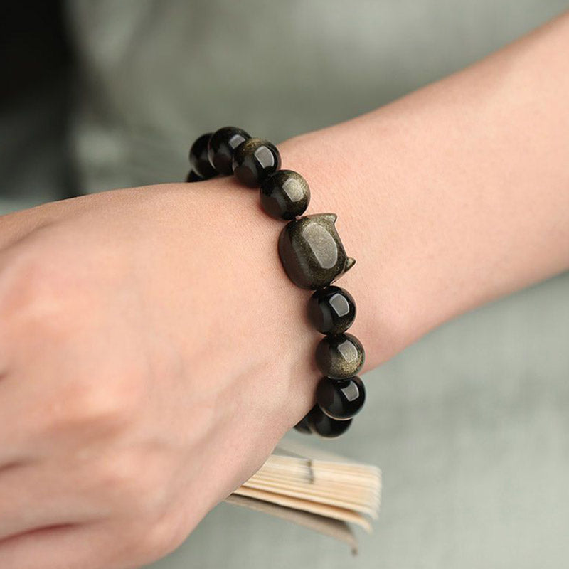 Buddha Stones Obsidiana con brillo dorado Obsidiana con brillo plateado Pata encantadora Pulsera de protección del gato de la suerte - image 11