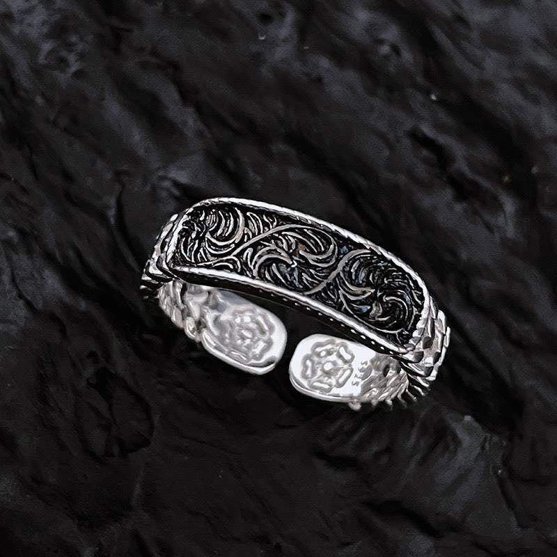 Brazalete de la suerte de cobre grabado con diseño de flor de la dinastía Tang, anillo ajustable