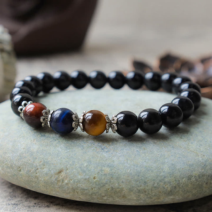 Pulsera de fuerza de ojo de tigre tricolor de obsidiana negra natural