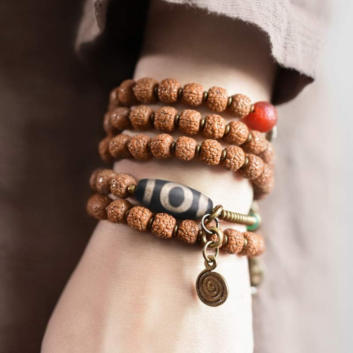 108 cuentas de Mala Rudraksha, semilla Bodhi, cuentas Dzi, pulsera de borlas de buena suerte