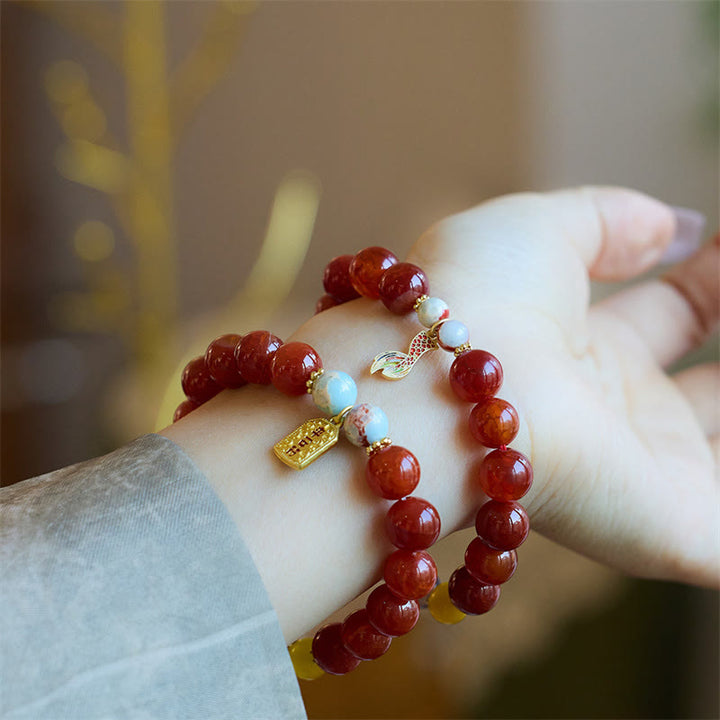 Buddha Stones roja natural Talismán de la paz Fu Carácter Dragón Cola Confianza Charm Pulsera