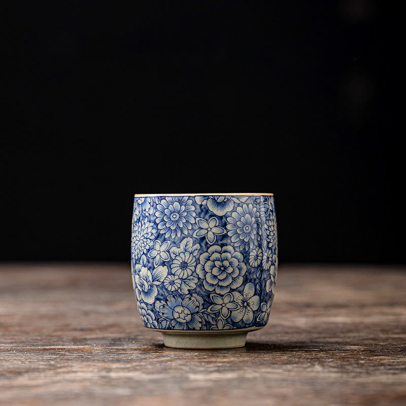 Tazas de té de cerámica de crisantemo con flor de ciruelo y peonía de loto Vintage con Buddha Stones