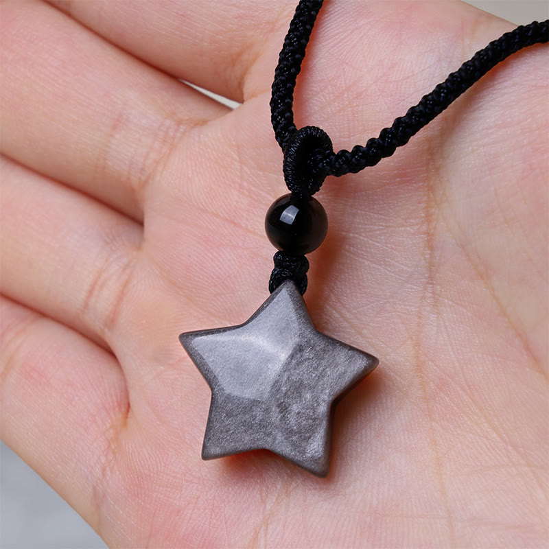 Colgante de collar de protección de luna creciente con estrella de obsidiana brillante de plata natural con Buddha Stones