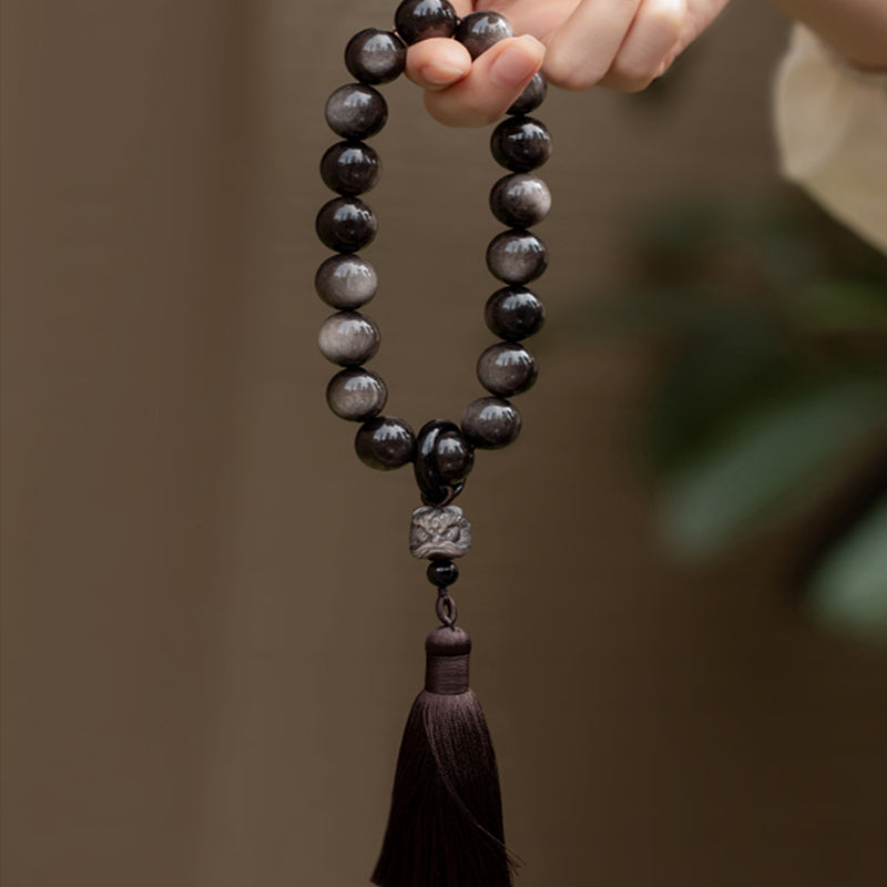 Obsidiana con brillo de plata Natural, León de obsidiana negra, protección Mala para muñeca, borlas, bolsillo, decoración para coche