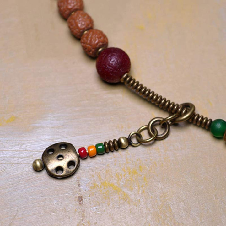 108 cuentas de Mala Rudraksha, semilla Bodhi, cuentas Dzi, pulsera de borlas de buena suerte